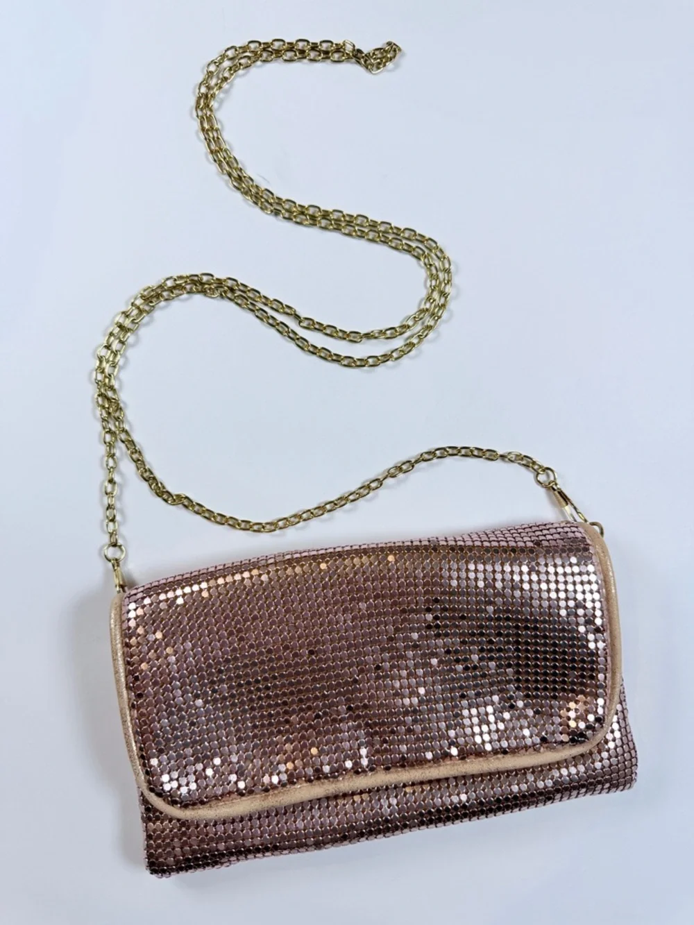 Metallic Rose Gold Clutch Crossbody Bag with Gold Chain‎ Detachable Strap